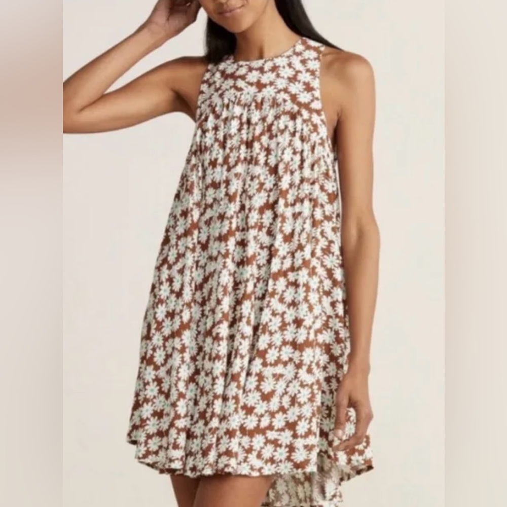 Free People Electric Daisy Mini Dress Tunic Size 2 Brown Green White Floral EUC